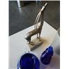 Image 7 : FIGURE LIQUOR BOTTLE WITH BLUE GLASS CANNISTER, ANIMAL STATUE AND CROCK