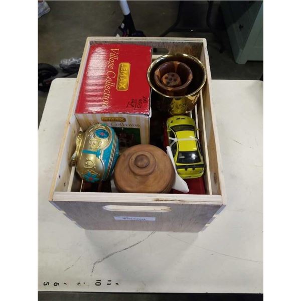 WOOD CRATE OF LEMAX  MODEL HOUSE, DIE CAST VEHICLE, HUMIDOR AND MORE