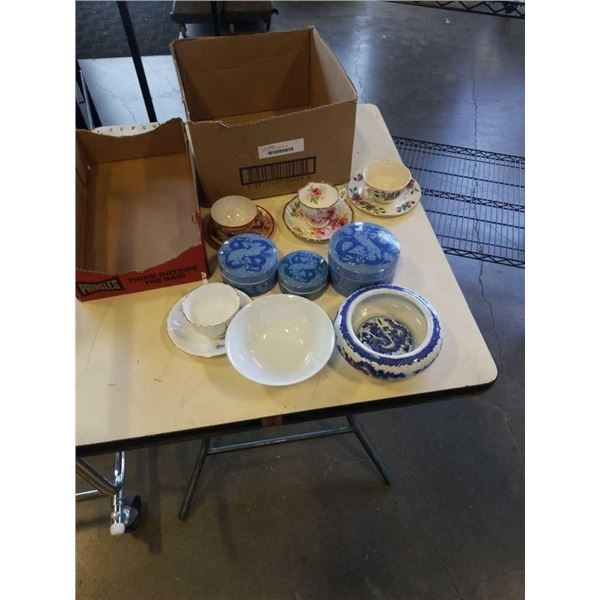 EASTERN PORCELAIN NESTING CANNISTERS WITH SMALL PEDESTAL AND CHINA CUPS