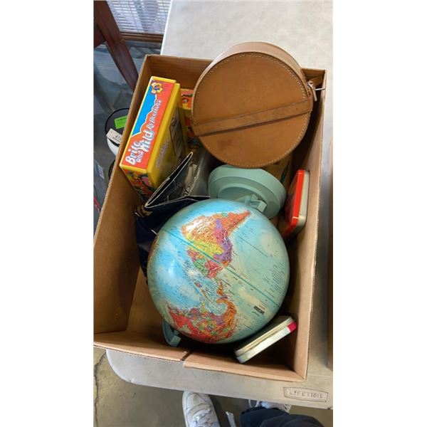 2 BOXES OF VINTAGE TOY SETS, AND WORLD GLOBE