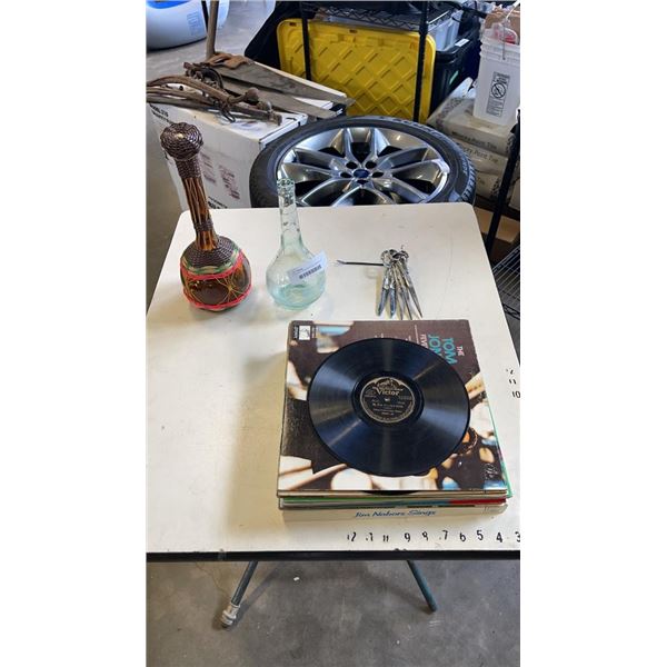 LOT OF RECORDS WITH 2 DECANTERS AND SCISSORS