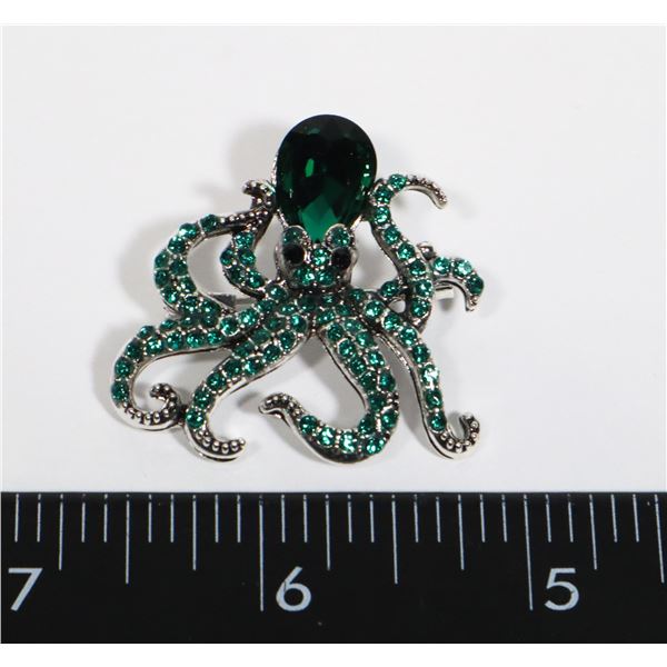NEW GREEN RHINESTONE OCTOPUS BROCH