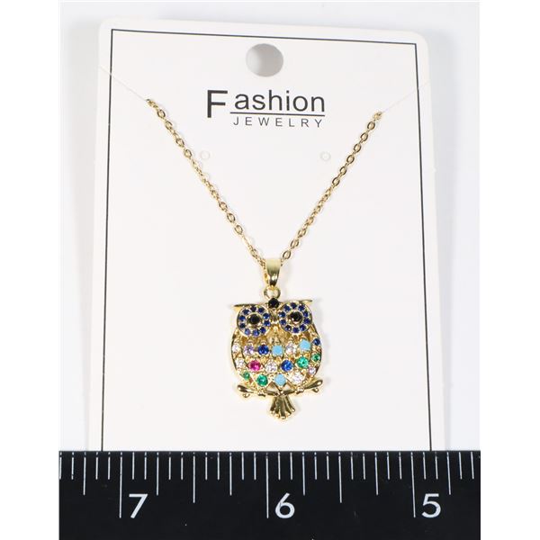 NEW RHINESTONE OWL PENDANT WITH STAINLESS STEEL