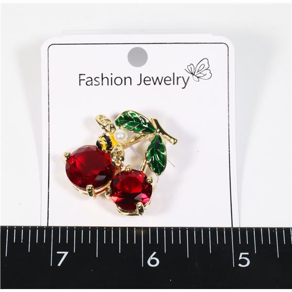 NEW GOLD TONE BEE ON RHINESTONE CHERRY BROOCH