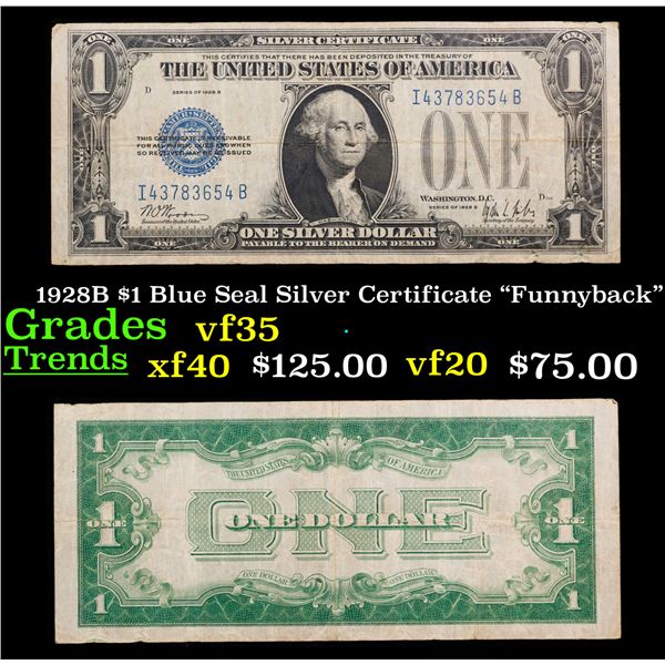 1928B $1 Blue Seal Silver Certificate "Funnyback" Grades vf++