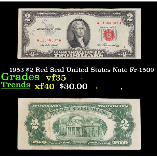 1953 $2 Red Seal United States Note Fr-1509 Grades vf++