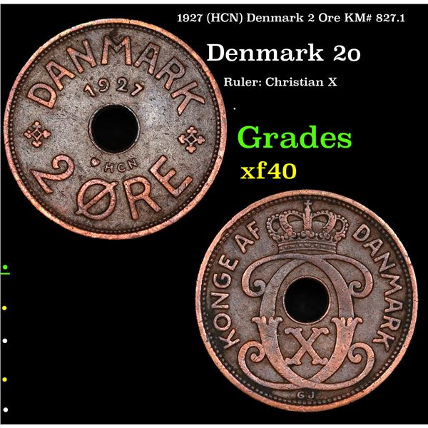 1927 (HCN) Denmark 2 Ore KM# 827.1 Grades xf