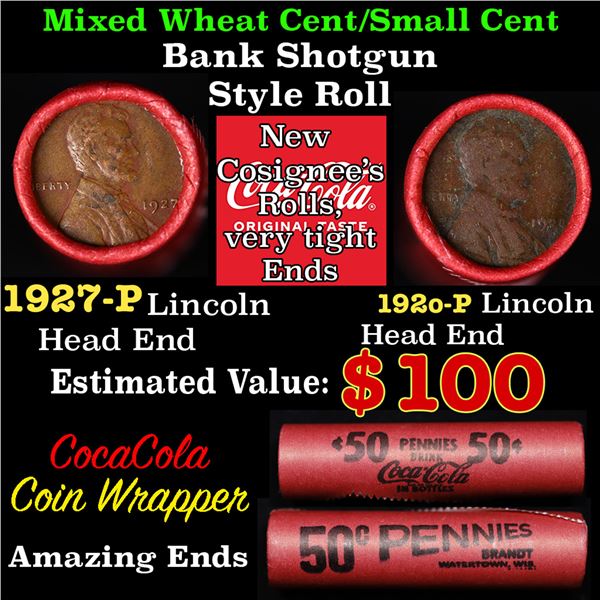 Mixed small cents 1c orig shotgun roll, 1917-p Lincoln Cent, 1920-p Wheat Cent other end, Vintage Br