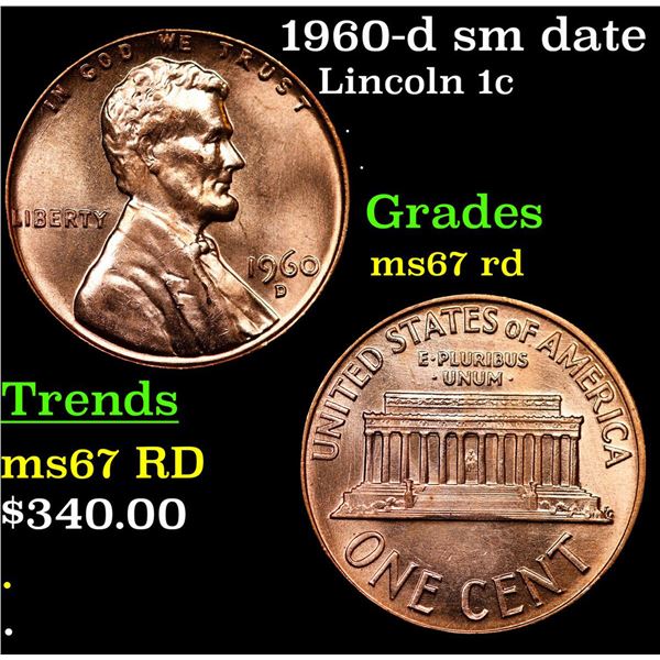 1960-d sm date Lincoln Cent 1c Grades GEM++ Unc RD