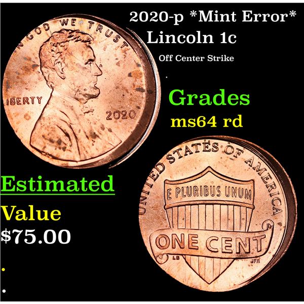 2020-p *Mint Error* Lincoln Cent 1c Grades Choice Unc RD
