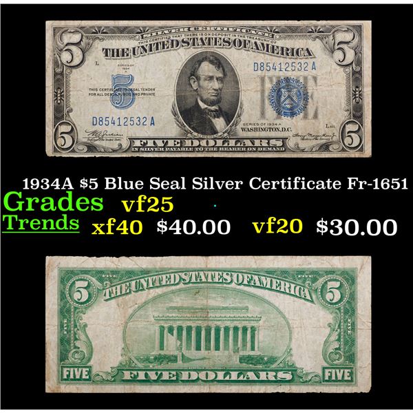1934A $5 Blue Seal Silver Certificate Fr-1651 Grades vf+