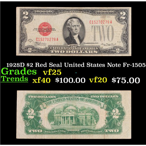 1928D $2 Red Seal United States Note Fr-1505 Grades vf+