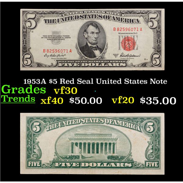 1953A $5 Red Seal United States Note Grades vf++