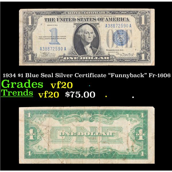 1934 $1 Blue Seal Silver Certificate "Funnyback" Fr-1606 Grades vf, very fine