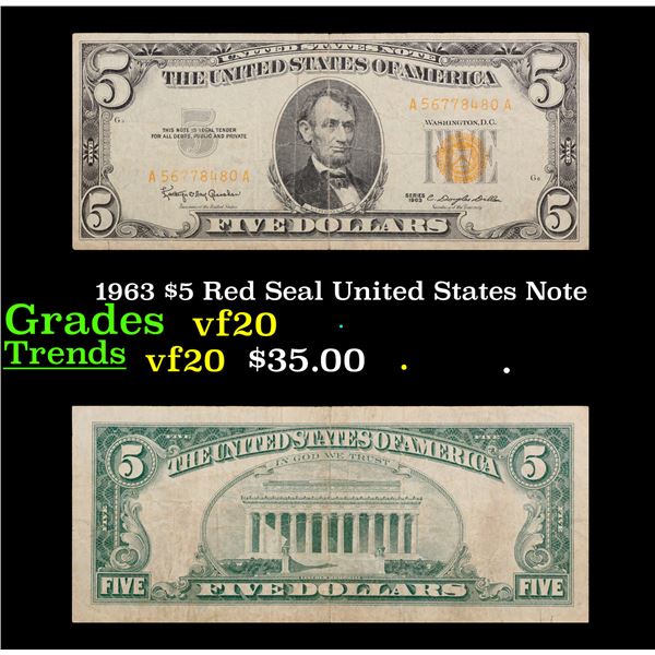 1963 $5 Red Seal United States Note Grades vf, very fine