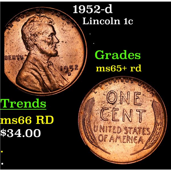 1952-d Lincoln Cent 1c Grades Gem+ Unc RD