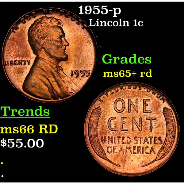 1955-p Lincoln Cent 1c Grades Gem+ Unc RD