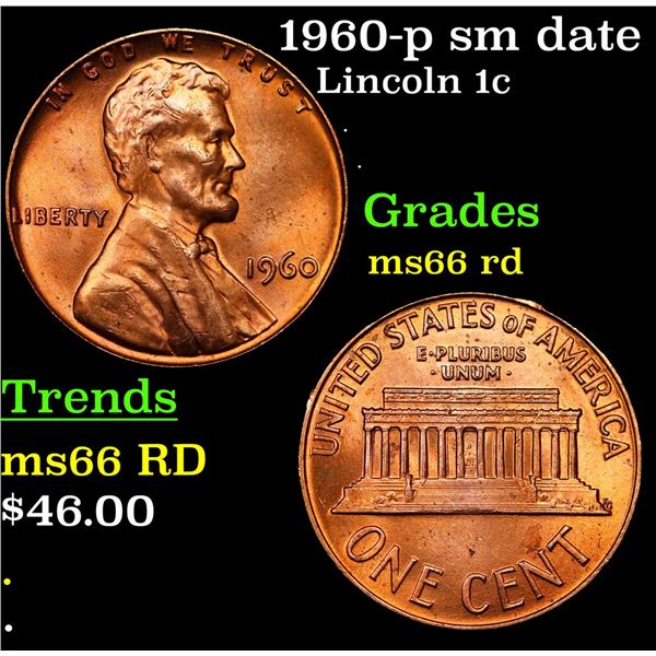 1960-p sm date Lincoln Cent 1c Grades GEM+ Unc RD