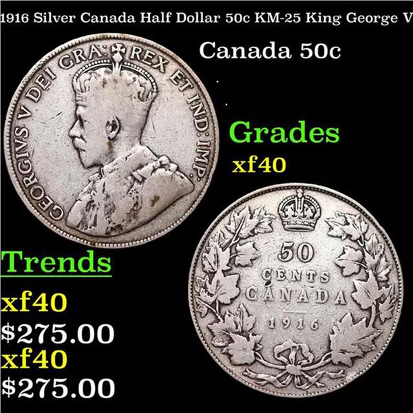 1916 Silver Canada Half Dollar 50c KM-25 King George V Grades xf