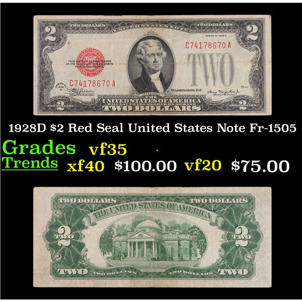 1928D $2 Red Seal United States Note Fr-1505 Grades vf++