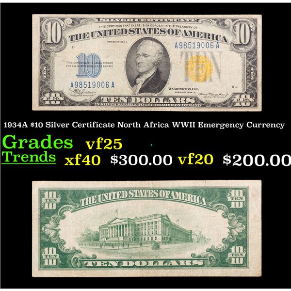 1934A $10 Silver Certificate North Africa WWII Emergency Currency Grades vf+