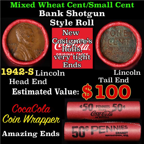 Mixed small cents 1c orig shotgun roll, 1942-s Lincoln Cent, Wheat Cent other end, Vintage Brandt Co