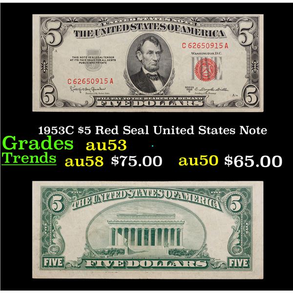1953C $5 Red Seal United States Note Grades Select AU
