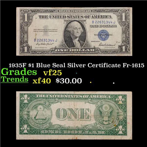 1935F $1 Blue Seal Silver Certificate Fr-1615 Grades vf+