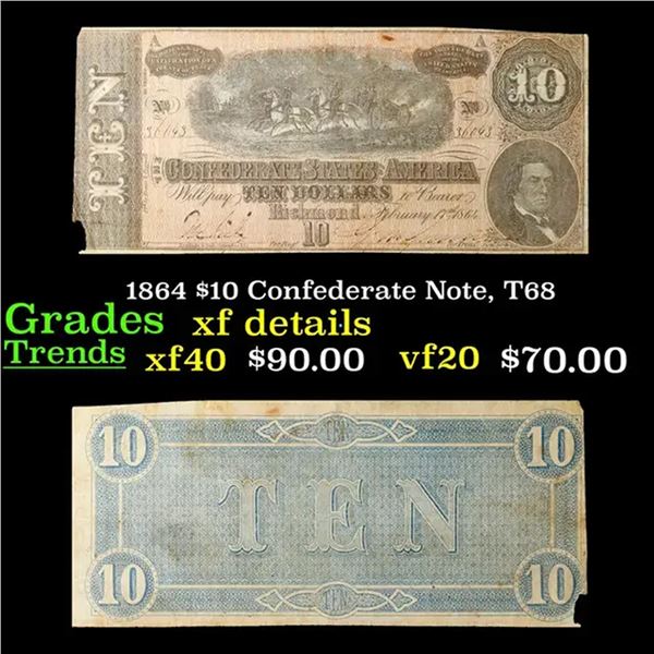 1864 $10 Confederate Note, T68 Grades xf details