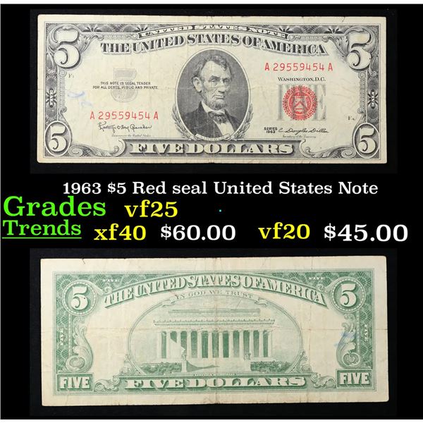 1963 $5 Red seal United States Note Grades vf+