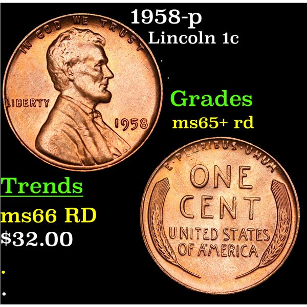 1958-p Lincoln Cent 1c Grades Gem+ Unc RD
