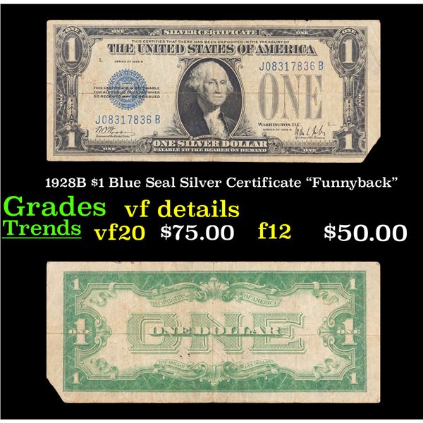 1928B $1 Blue Seal Silver Certificate "Funnyback" Grades vf details