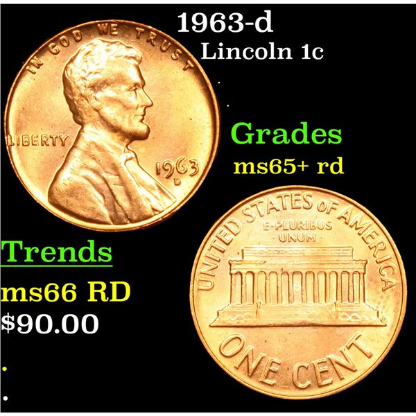 1963-d Lincoln Cent 1c Grades Gem+ Unc RD