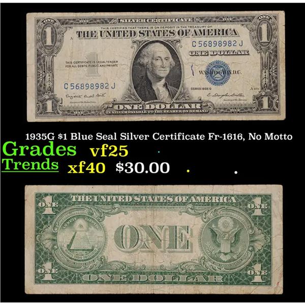 1935G $1 Blue Seal Silver Certificate Fr-1616, No Motto Grades vf+