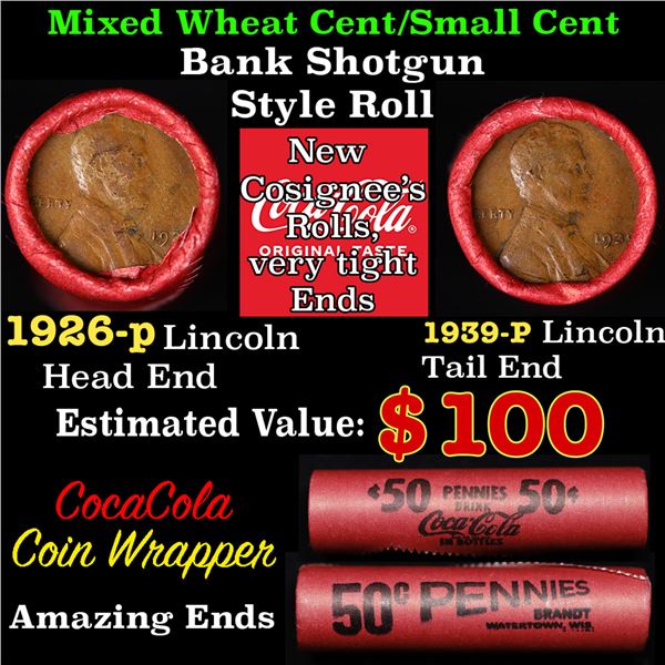 Mixed small cents 1c orig shotgun roll, 1926-p Lincoln Cent, 1939-p Wheat Cent other end, Vintage Br
