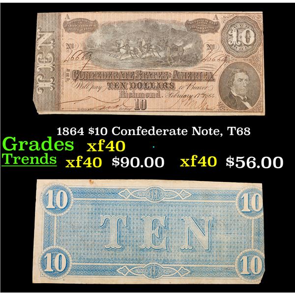 1864 $10 Confederate Note, T68 Grades xf