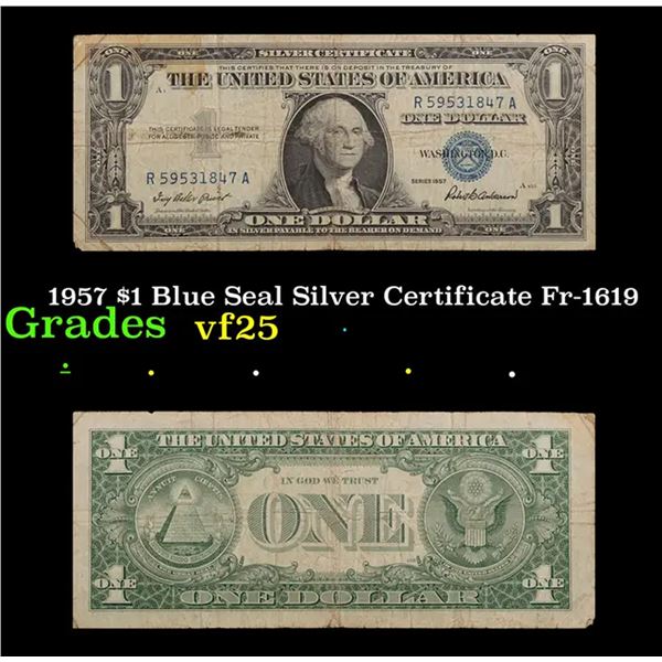 1957 $1 Blue Seal Silver Certificate Fr-1619 Grades vf+