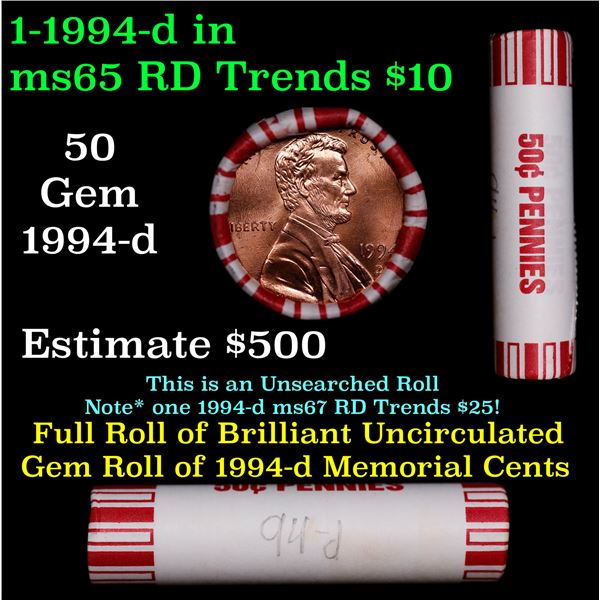 Shotgun Lincoln 1c roll, 1994-d 50 pcs Brandt 50c Wrapper.
