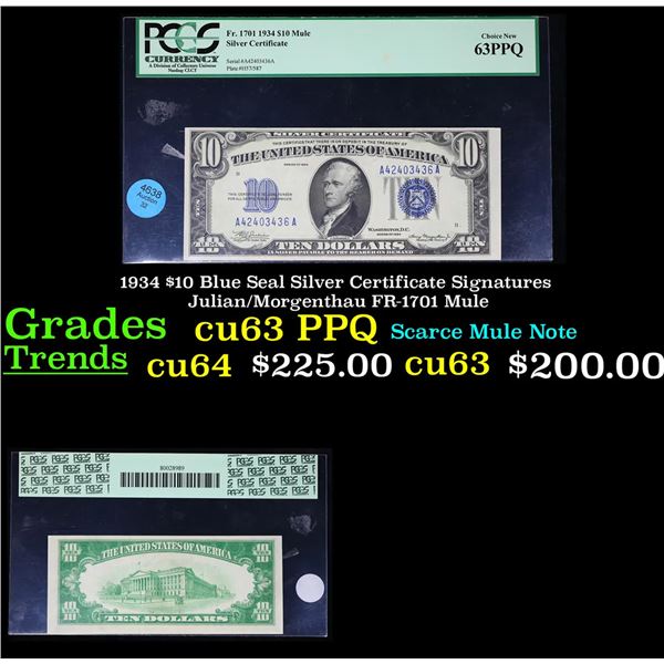 PCGS 1934 $10 Blue Seal Silver Certificate Signatures Julian/Morgenthau FR-1701 Mule Graded cu63 PPQ