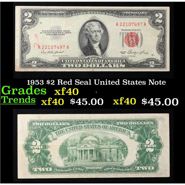 1953 $2 Red Seal United States Note Grades xf
