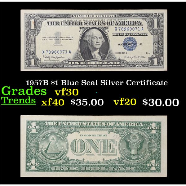 1957B $1 Blue Seal Silver Certificate Grades vf++