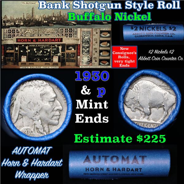 Buffalo Nickel Shotgun Roll in Old Bank Style 'Automat Horn & Hardart, Abbott Coin Counter' Wrapper 