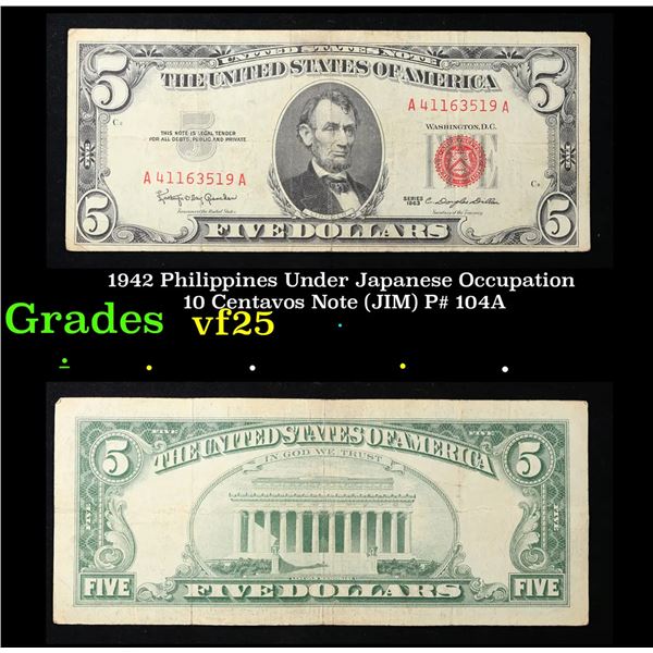 1963 $5 Red seal United States Note Grades vf++