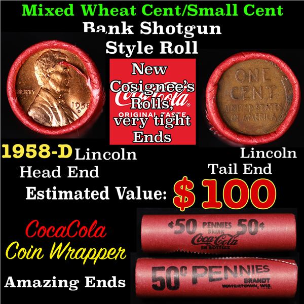 Mixed small cents 1c orig shotgun roll, 1958-d Lincoln Cent, Wheat Cent other end, Vintage Brandt Co