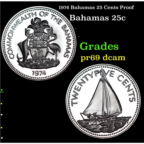 Proof 1974 Bahamas 25 Cents 25c Grades GEM++ Proof Deep Cameo