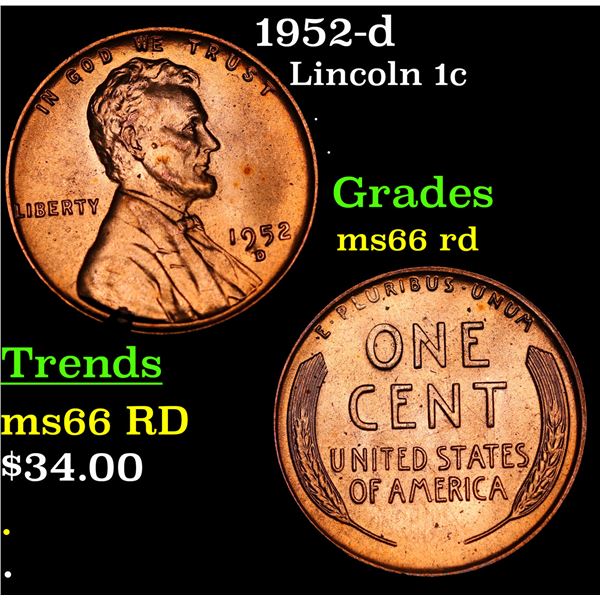 1952-d Lincoln Cent 1c Grades GEM+ Unc RD