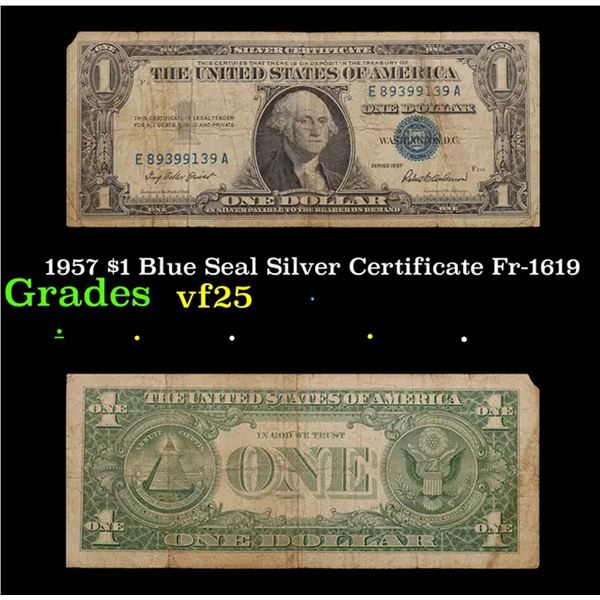 1957 $1 Blue Seal Silver Certificate Fr-1619 Grades vf+