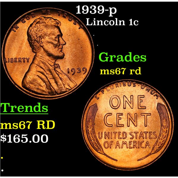 1939-p Lincoln Cent 1c Grades GEM++ Unc RD