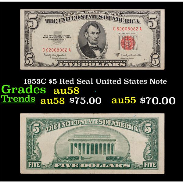 1953C $5 Red Seal United States Note Grades Choice AU/BU Slider