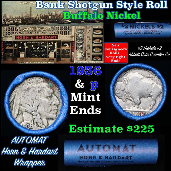 Buffalo Nickel Shotgun Roll in Old Bank Style 'Automat Horn & Hardart, Abbott Coin Counter' Wrapper 